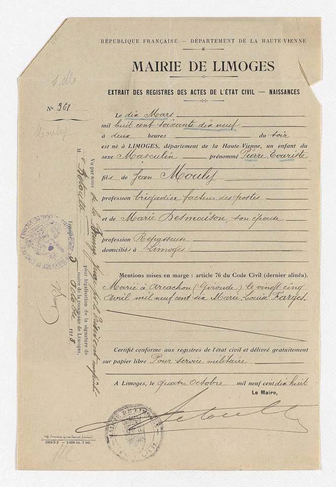 Feuille d'Etat civil de Pierre Evariste Mouly.Gironde Archives en Ligne