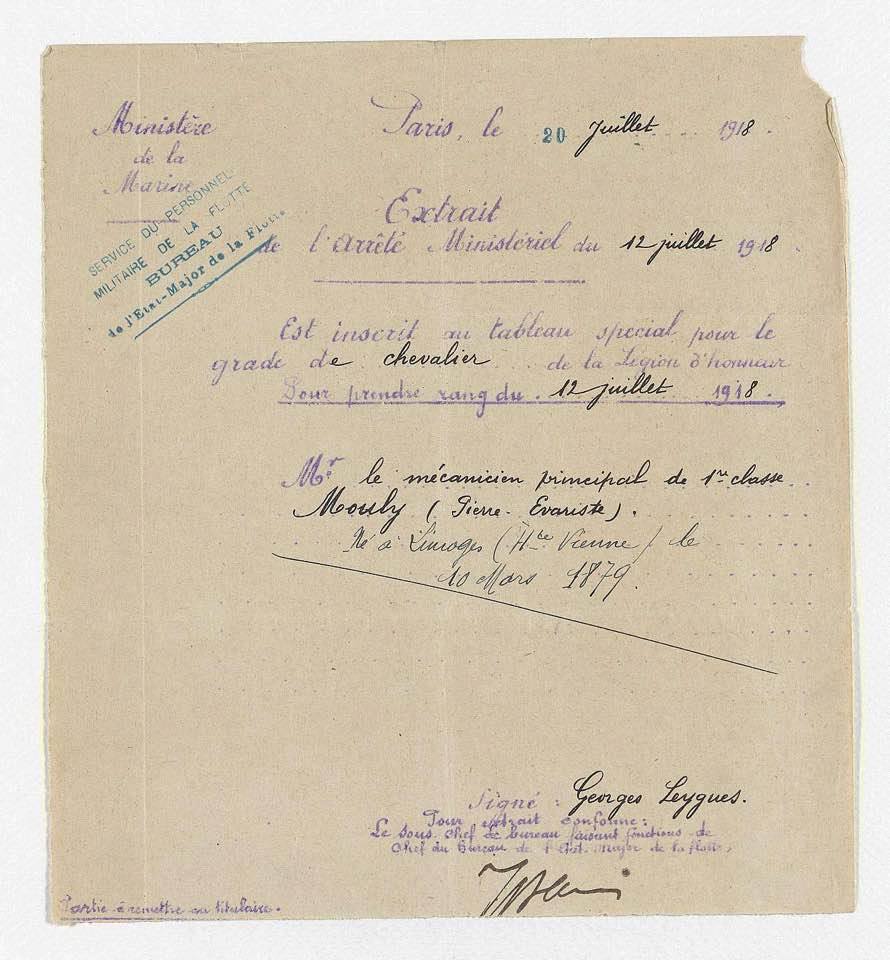 Pierre Evariste Mouly, Chevalier de la Légion d'Honneur le 12 juillet 1918. Gironde Archives en Ligne