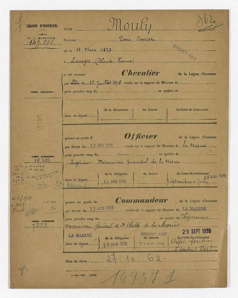Pierre Evariste Mouly, élevé au Grade de Commandeur de la Légion d'Honneur le 29 septembre 1939.Gironde Archives en Ligne