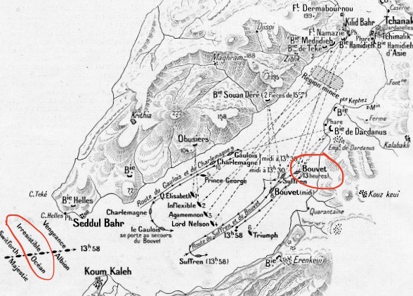 Le détroit des Dardanelles, localisation et déplacement des unités.