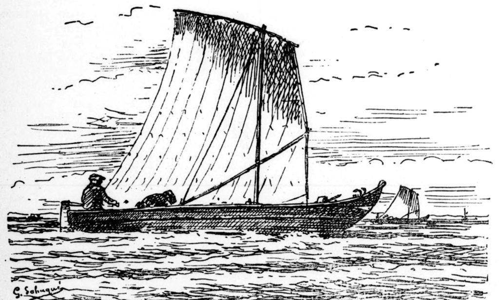 Les pinasses du Bassin d'Arcachon, dessin de Georges Sahuqué pour le journal Le Yacht en 1881