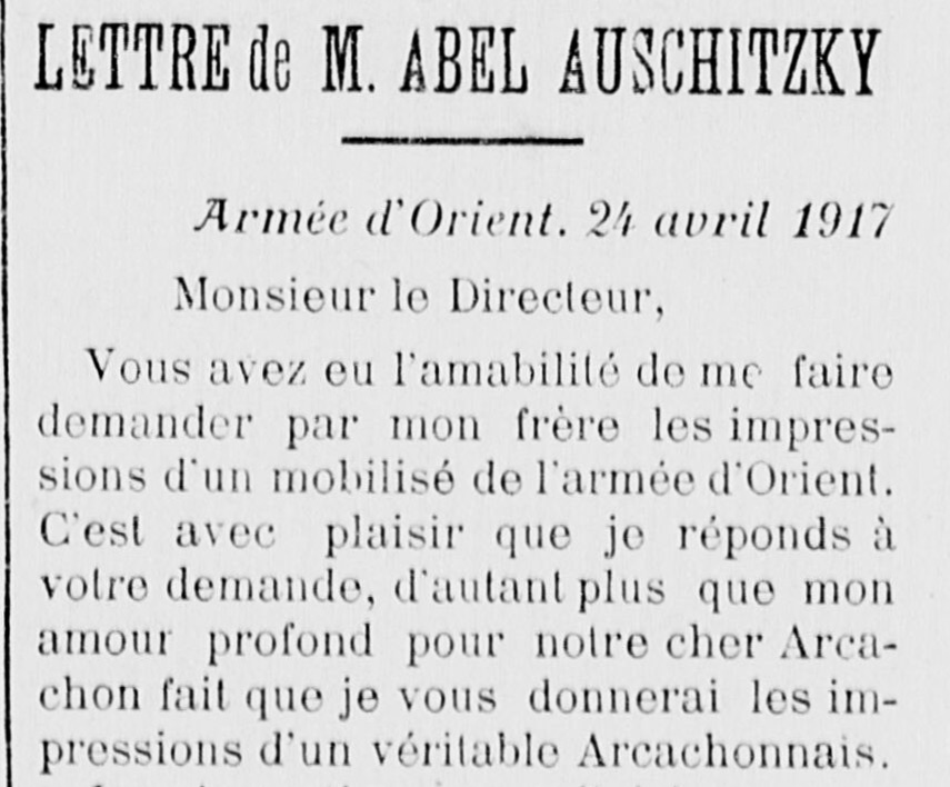 Lettre d'Abel Auschitsky parue dans l'Avenir d'Arcachon en 1917 Source Gallica