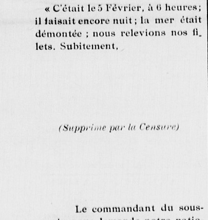 Extrait de l'article censuré dans l'Avenir d'Arcachon sur le torpillage du chalutier Yvonne de Numa Lurie, source Gallica