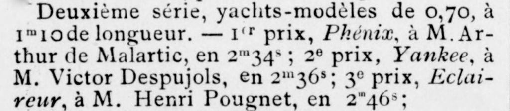 Victor Despujols, résultat de régate de modèles à Arcachon en 1889, source Gallica