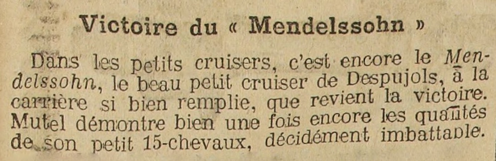 Le Mendelsohn, coque de Victor Despujols vainqueur lors de la Coupe de l'Auto à Maison Laffitte en 1905, source Gallica