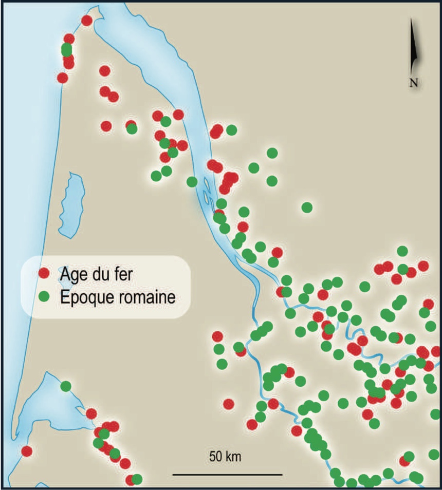 Cartographie des sites archéologiques de l'âge du Fer (cercles rouges) et de l'Epoque romaine (cercles verts) Source: acclimatera.fr